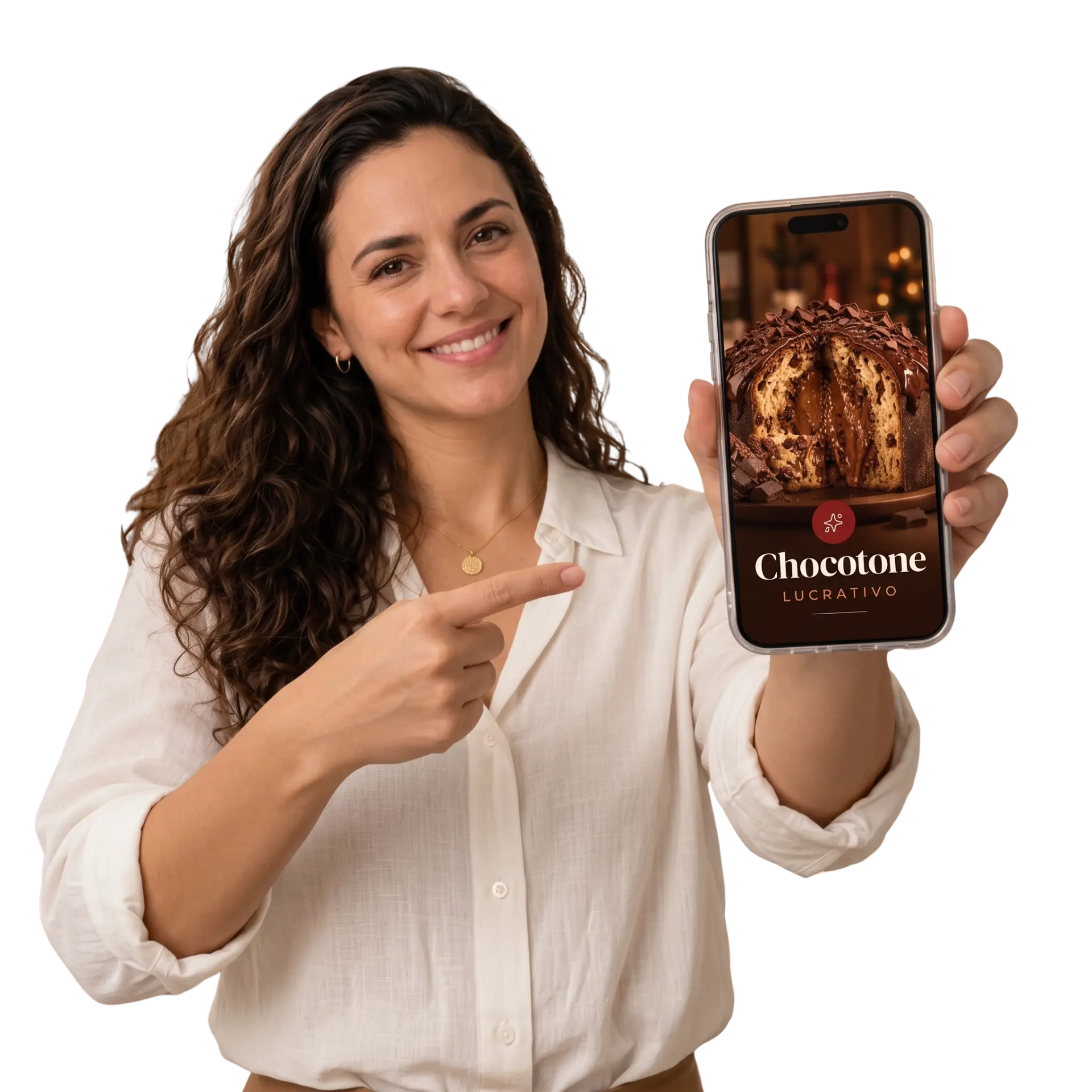 Mulher apresentando o Chocotone Lucrativo no celular